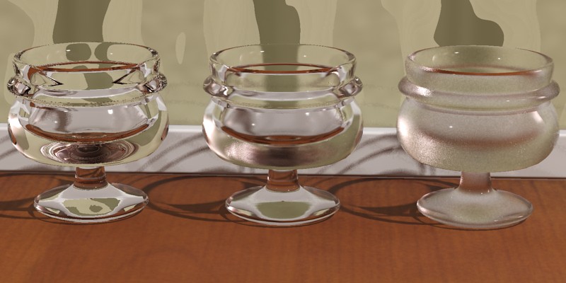 A <b>refr_gloss</b> of 1.0 (left), 0.5 (center) and 0.25 (right)
