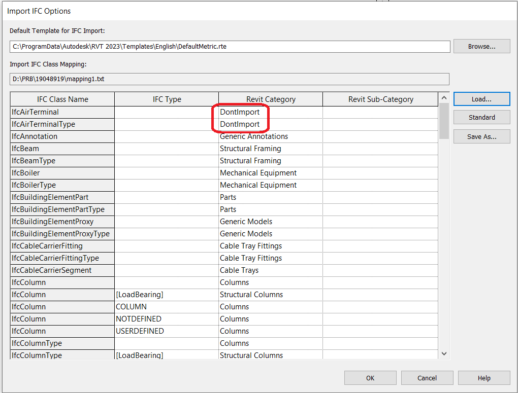 É possível excluir classes IFC ao vincular arquivos IFC no Revit