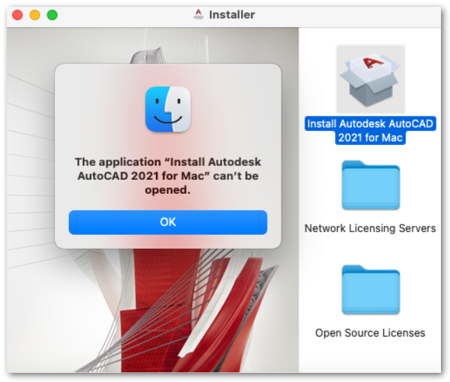 AutoCAD for Mac을 설치할 때 Autodesk AutoCAD 설치 응용프로그램 for Mac을 열 수