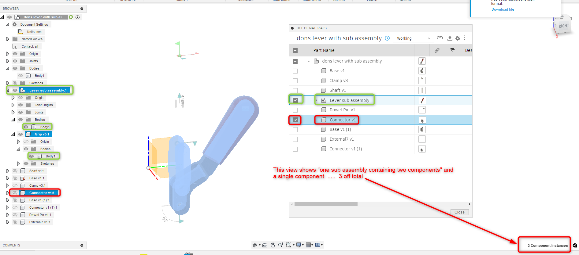 Fusion 360에서 조립품 내의 총 구성요소 부품 수를 확인하는 방법