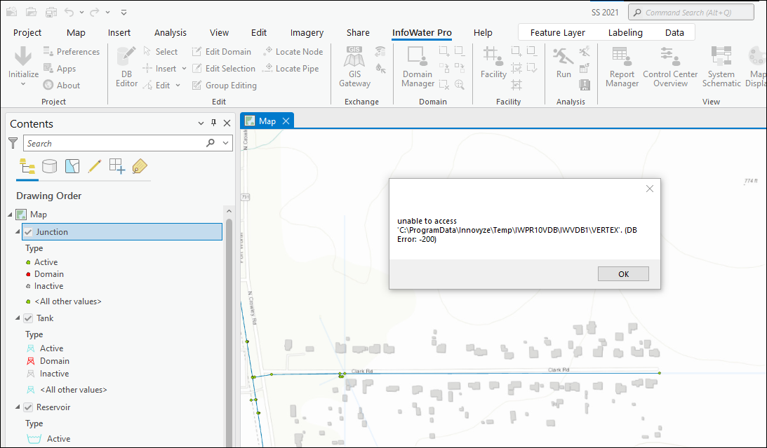 在 InfoWater Pro 中编辑或插入新管道时出错无法访问C ProgramData 顶点DB 错误 200