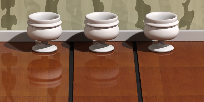 完全反射(左)、100 mm 以降減衰(中央)、25 mm 以降減衰(右)