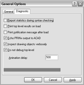 General Options Dialog Box Diagnostic Tab Visual Lisp Ide