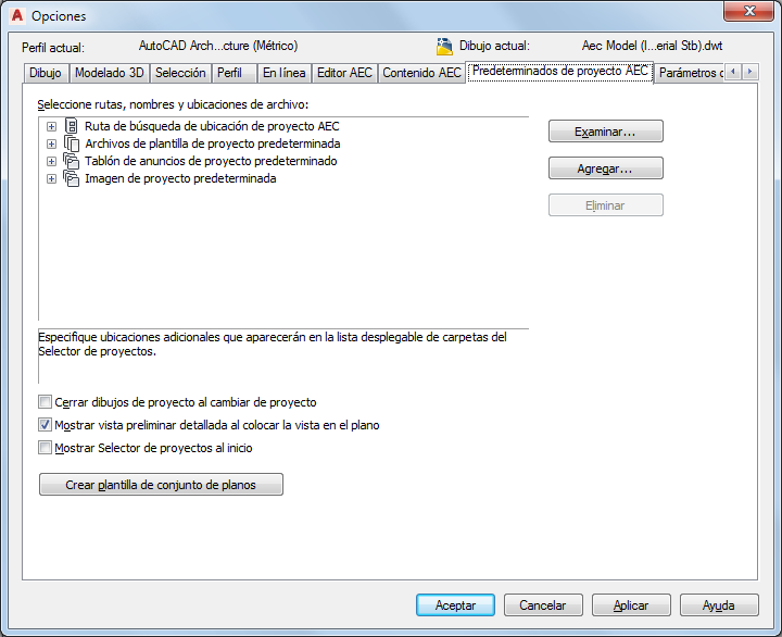 Para Especificar Las Opciones Predeterminadas Del Proyecto Autocad Architecture Autodesk Knowledge Network