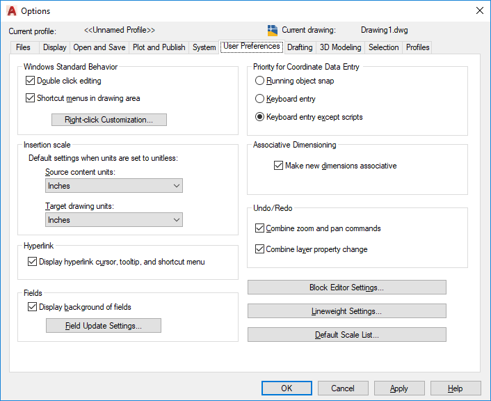 User Preferences Tab Options Dialog Box Autocad Lt 2020 Autodesk Knowledge Network