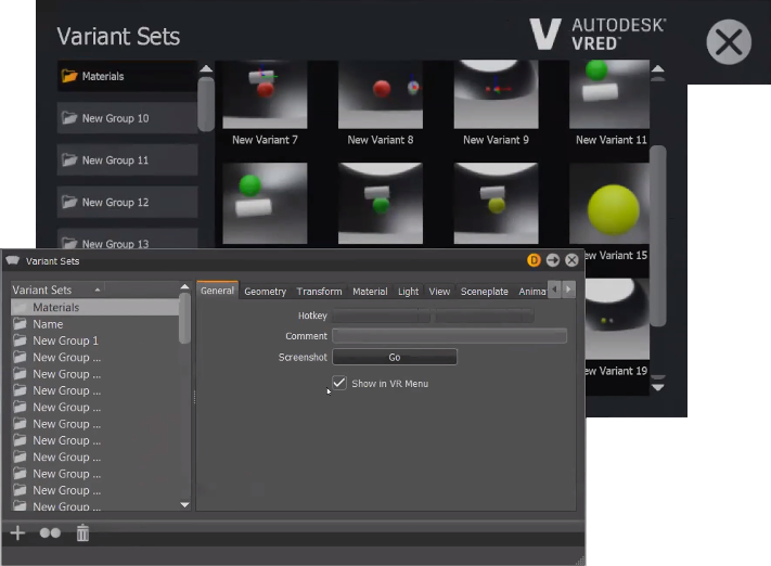Variant Sets from the VR Menu