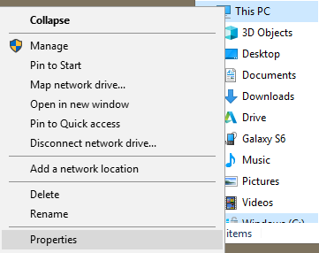 Windows Properties option