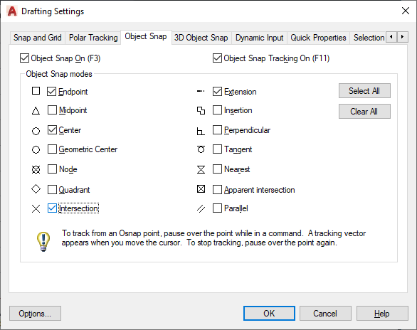 Object Snap Tab (Drafting Settings Dialog Box) | AutoCAD 2022 ...