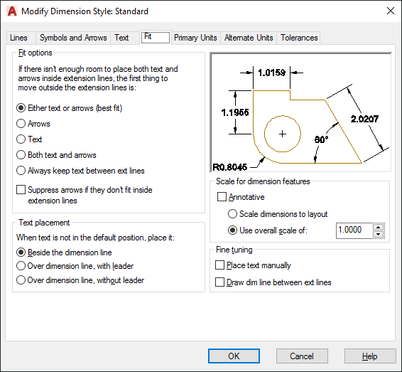 Fit Tab Dimension Style Manager Autocad Lt 2022 Autodesk Knowledge Network