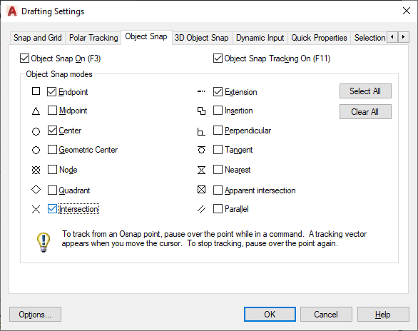 AutoCAD LT 2022 Help | Object Snap Tab (Drafting Settings Dialog ...