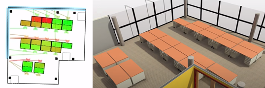 A workspace layout of desks in Generative Design in Revit, and in a 3D view the same desks placed in the Revit model