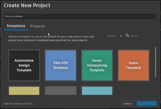 Project templates from Create New Project dialog