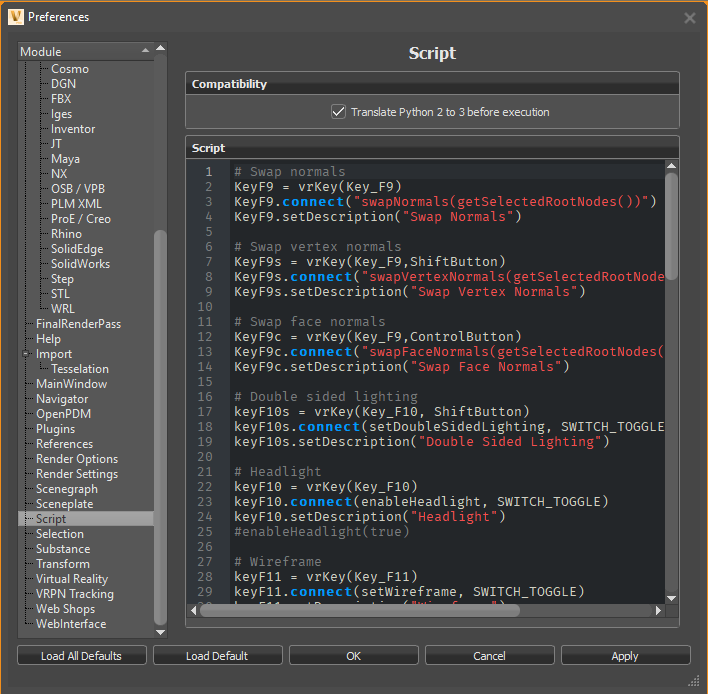 Default script shortcut keys