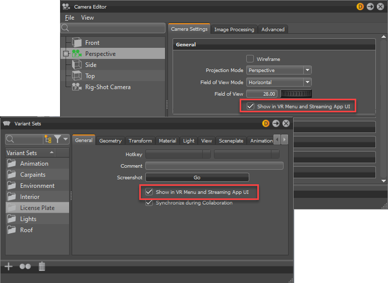 Camera Editor and Variant Sets displaying the Show in VR Menu and Streaming App UI option