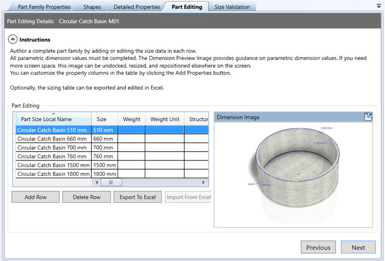 To add or modify part sizes
