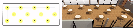 A diagram showing a stepped object placement of tables with chairs in Generative Design in Revit, and a 3D view of the result in the Revit model