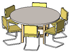 A 3D view of a nested family consisting of a round table and six chairs