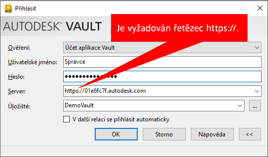 Obrázek přihlašovacího okna aplikace Vault Client s poznámkou, která ukazuje na pole Server a informuje, že „https://“ je povinný údaj