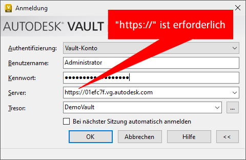 Eine Abbildung des Anmeldefensters von Vault Client mit einer Beschriftung, die auf das Feld Server verweist und besagt, dass "https://" erforderlich ist.