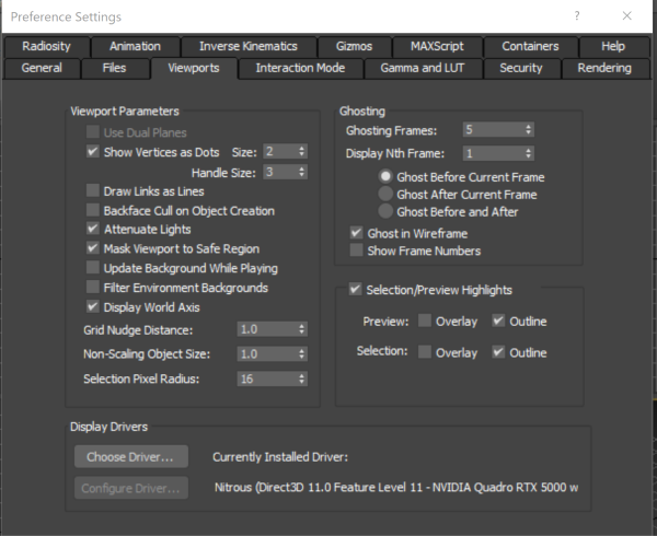 Viewport tab in the Preference Settings window displaying options to change your viewport settings.