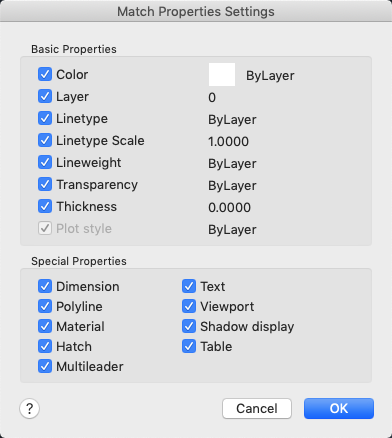 AutoCAD LT for Mac 2023 Help | Match Properties Settings Dialog Box