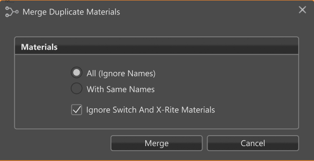 Merge Duplicate Materials dialog