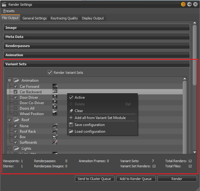 Variant Sets section of the Render Settings