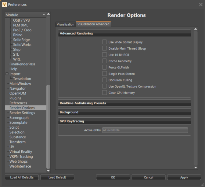 Render Options Preferences - Visualization Advanced tab