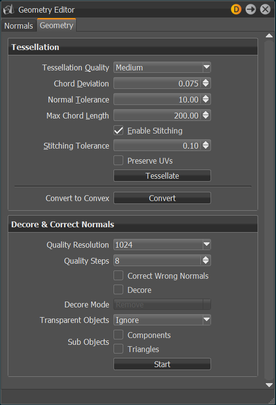 Decore and Correct Normals section of the Geometry Editor