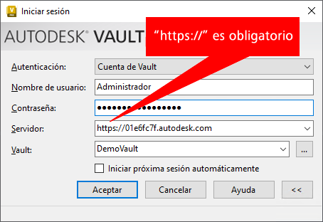 Imagen de la ventana "Iniciar sesión" del cliente del Vault con una anotación que señala al campo Servidor que indica que "'https://' es necesario"