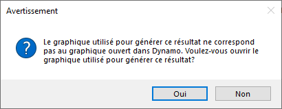 The graph used to generate this outcome does not match the graph that is open in Dynamo. Would you like to open the graph used to generate this outcome? Yes/No