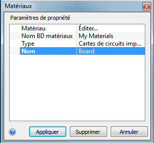 boîte de dialogue des matériaux
