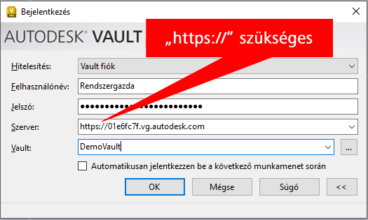 A Vault Client „Bejelentkezés” ablakának képe, amelyen a „https:// kötelező” felirat a Szerver mezőre mutat.