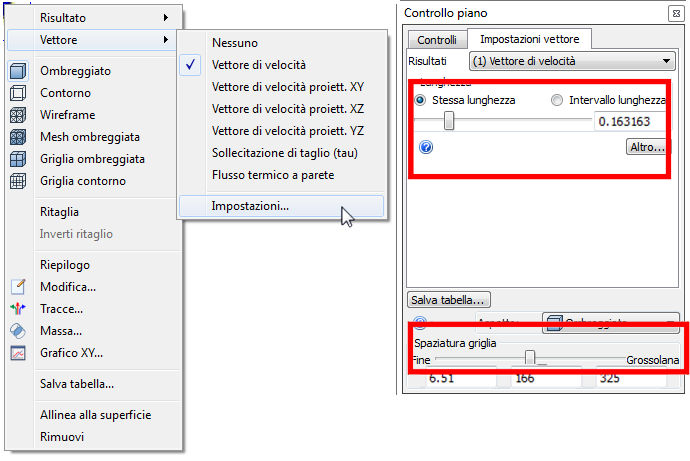 Impostazioni vettore
