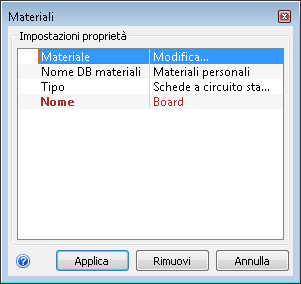 finestra di dialogo Materiali