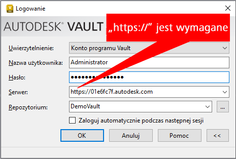 Obraz okna logowania do programu Vault Client z uwagą wskazującą na pole Serwer, która brzmi: „Ciąg «https://» jest wymagany”.