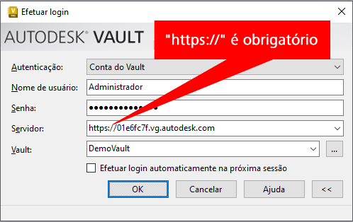 Uma imagem da janela "Login" do cliente do Vault, com uma anotação que aponta para o campo Servidor que informa "https://' é necessário".