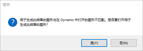 The graph used to generate this outcome does not match the graph that is open in Dynamo. Would you like to open the graph used to generate this outcome? Yes/No
