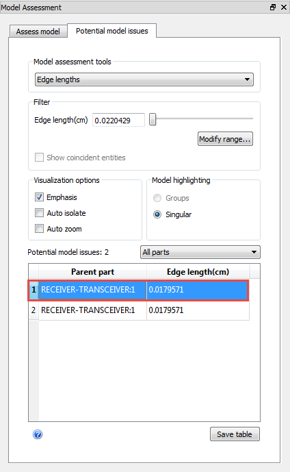 model assessment dialog