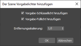Screencapture of the Add Default Lights to Scene modal.