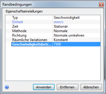 Einlassgeschwindigkeit festlegen