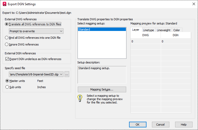 AutoCAD 2024 Help | Export DGN Settings Dialog Box | Autodesk