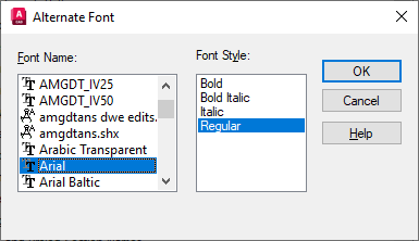 AutoCAD 2024 Help, Alternate Font Dialog Box