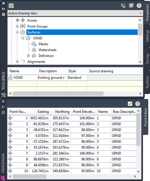 Autodesk Civil 3D Help, About the Common Features of the Toolspace and  Panorama Windows