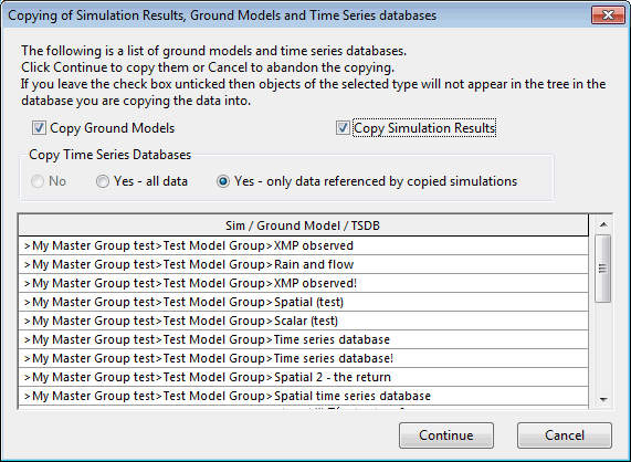 Copying of Simulation Results, Ground Models and Time Series Databases Dialog