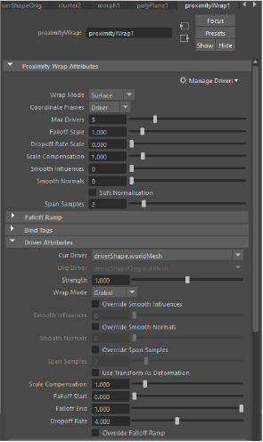 Proximity Wrap deformer in the Attribute Editor