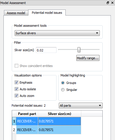 model assessment dialog