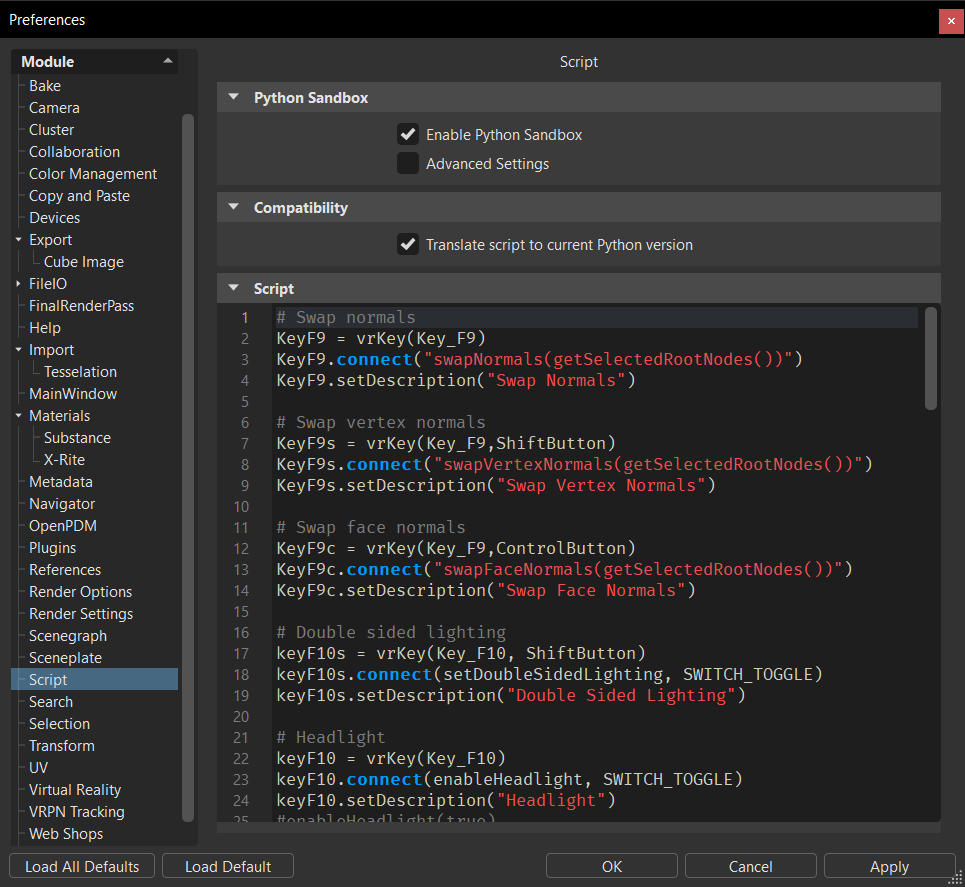 Default script shortcut keys