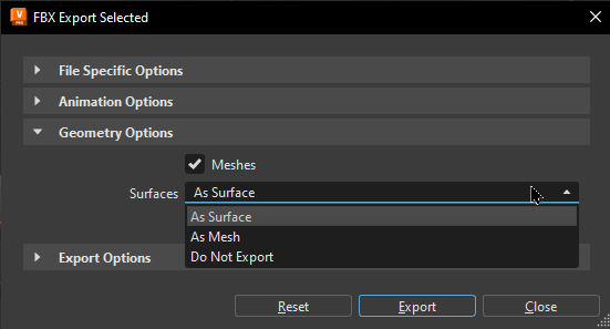 FBX export of the Geometry Options section