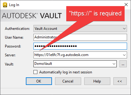 An image of the Vault Client "Log In" window, with an annotation pointing to the Server field that says, "'https://' is required."